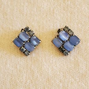 VINTAGE Blue Rhinestone/Glass/Silver Clip Earrings